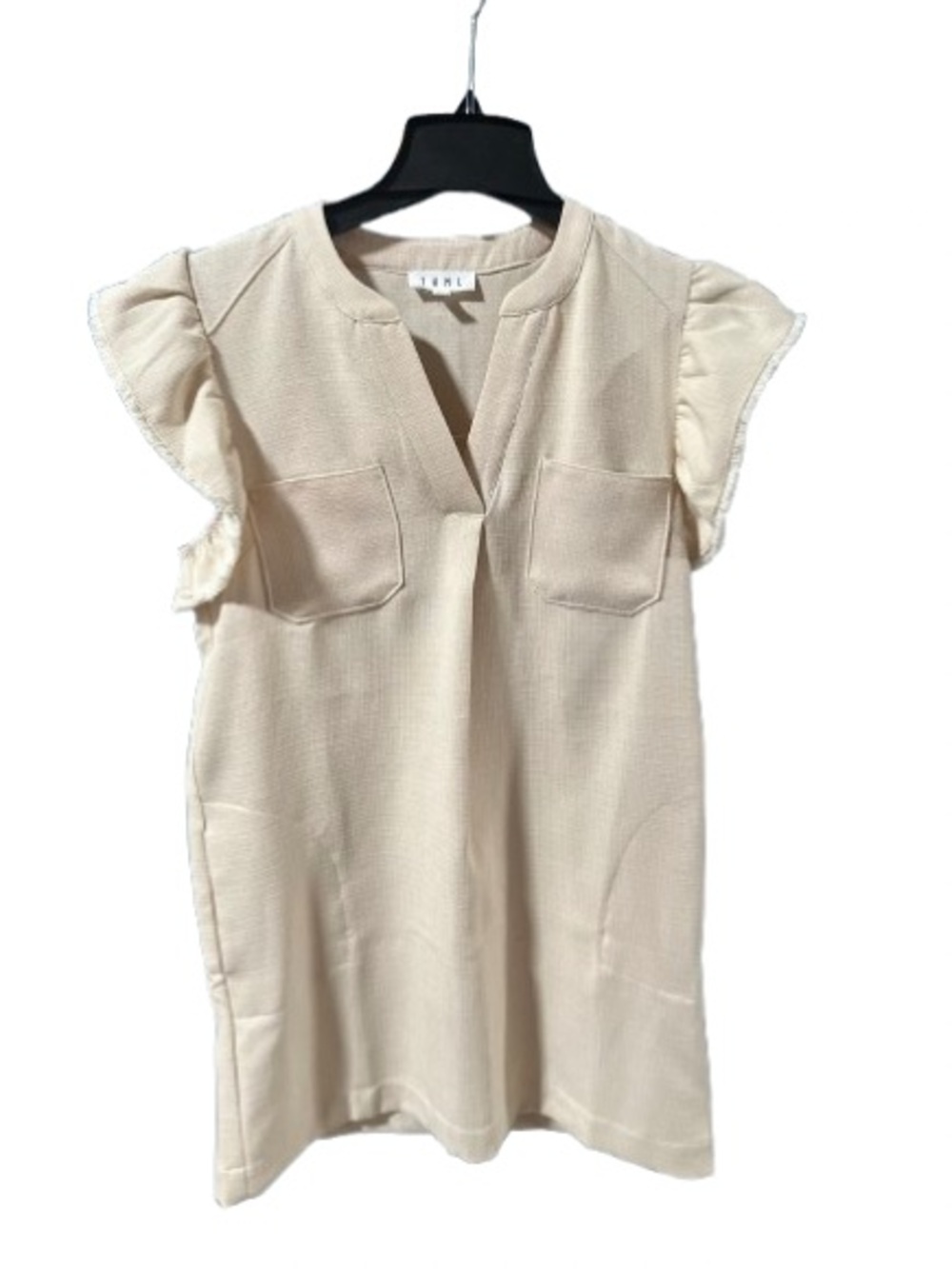 THML Cream Short Flutter Sleeve Shift Dress with Chest Pockets - Picture 2 of 4